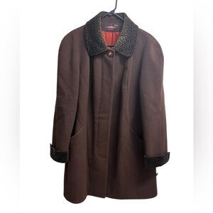 VTG 60s Alorna by Forstmann Brown Wool Long Coat w/ Faux Fur Cheetah Trim SZ XL